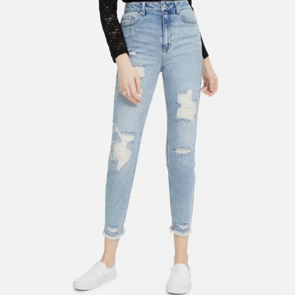 Tinseltown Denim - Tinseltown Distressed Mom Jeans Juniors 5 Light Wash Frayed Hem High Rise